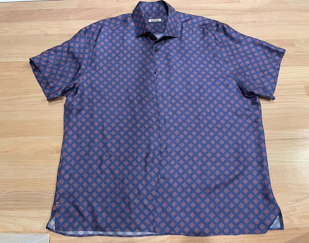 Roda Men's Blue Geometric Print Short Sleeve Button Down Shirt